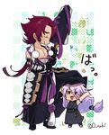  :3 armor chibi closed_eyes hakama japanese_armor japanese_clothes long_hair low-tied_long_hair male_focus multiple_boys open_mouth pectorals polearm pom_pom_(clothes) ponytail purple_hair putegoya red_eyes red_hair sarashi sengo_muramasa_(touken_ranbu) smile spear tonbokiri_(touken_ranbu) touken_ranbu weapon yari 