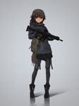  assault_rifle boots brown_hair commentary furukawa_herzer gloves grey_eyes gun highres jacket knee_pads military original pantyhose reflex_sight rifle short_hair simple_background stanag_magazine trigger_discipline weapon 