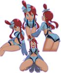  absurdres artist_name ass back bare_legs bent_over blue_eyes breasts dark_skin eyebrows_visible_through_hair full_body fuuro_(pokemon) gym_leader hair_bun hair_ornament hairclip highres holster kneeling large_breasts leaning_forward looking_at_viewer midriff multiple_views navel nyonn24 open_mouth pilot_suit pokemon pokemon_(game) pokemon_bw pokemon_bw2 red_hair shorts sitting smile stomach suspenders thigh_strap thighs turtleneck 
