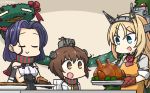  3girls apron bare_shoulders black_gloves blonde_hair blue_eyes brown_eyes brown_hair capelet christmas_wreath commentary_request dated dress eyes_closed flower food gloves hamu_koutarou headgear highres kantai_collection long_hair long_sleeves mechanical_halo military military_uniform multiple_girls neckerchief nelson_(kantai_collection) open_mouth oven_mitts pie purple_hair red_flower red_rose remodel_(kantai_collection) rose sailor_dress scarf short_hair sleeveless striped striped_scarf tatsuta_(kantai_collection) turkey_(food) uniform upper_teeth yellow_apron yellow_neckwear yukikaze_(kantai_collection) 