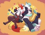  2018 4_fingers anthro anthrofied braixen canine clothing dipstick_tail duo fan_character female fox fur fur_markings guitar hi_res holding_musical_instrument holding_object inner_ear_fluff jacket juzztie looking_at_viewer male mammal markings multicolored_tail musical_instrument musical_note nintendo pants playing_music pok&eacute;mon pok&eacute;mon_(species) pok&eacute;morph red_eyes red_fur roflfox saxophone school_uniform seraphine_(roflfox) shirt skirt stick uniform video_games white_fur yellow_fur 