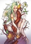  artist_name black_bow black_neckwear bow bowtie branch breasts bridal_gauntlets cleavage dress elbow_gloves flower full_body gloves gradient gradient_background green_hair hair_flower hair_ornament in_tree knee_up league_of_legends lily_(flower) long_hair looking_at_viewer maokai medium_breasts nail_polish parted_lips racoona see-through sitting sleeveless toenail_polish tree very_long_hair white_dress white_gloves yellow_eyes yellow_nails zyra 