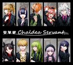  6+girls :d :o :| adjusting_clothes adjusting_necktie animal_ears arm_up bangs black_border black_bow black_hat black_jacket black_neckwear black_scrunchie black_vest blonde_hair blue_eyes blue_hair blue_shirt blunt_bangs border bow bowtie braid brown_hair buttons cigarette closed_mouth collarbone collared_shirt column_lineup crossed_arms doll dress_shirt earrings enkidu_(fate/strange_fake) expressionless fangs fate/apocrypha fate/extra fate/grand_order fate/stay_night fate/strange_fake fate_(series) finger_to_cheek flower formal fox_ears french_braid gilgamesh green_eyes green_hair green_shirt grey_shirt grin hair_bow hair_ornament hair_over_one_eye hair_ribbon hair_scrunchie hand_up hat holding holding_doll holding_flower hoop_earrings horns ishtar_(fate/grand_order) jacket jewelry long_hair long_sleeves looking_at_viewer looking_away merlin_(fate) mordred_(fate) mordred_(fate)_(all) multiple_boys multiple_girls necktie nursery_rhyme_(fate/extra) oni_horns open_clothes open_jacket open_mouth orange_hair otoko_no_ko pale_skin parted_bangs pink_hair pink_shirt ponytail purple_bow purple_eyes purple_neckwear purple_shirt red_eyes red_shirt reito6 ribbon robin_hood_(fate) saint_martha scrunchie shiny shiny_clothes shirt shuten_douji_(fate/grand_order) sideways_glance silver_hair sleeves_past_wrists smile smoke smoking suit tamamo_(fate)_(all) tamamo_cat_(fate) thick_eyebrows two_side_up unbuttoned unbuttoned_shirt upper_body vest white_flower yellow_eyes yellow_shirt 