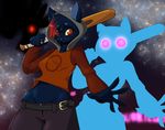  2017 5_fingers abstract_background anthro bat belt biped black_nose blue_fur breasts cat clothed clothing feline female fur hair honky_kat humanoid_hands jacket mae_(nitw) mammal night_in_the_woods red_eyes red_hair 