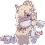  :d alpaca_ears alpaca_suri_(kemono_friends) animal_ears backlighting bangs beige_vest blonde_hair blue_eyes breast_pocket cropped_torso cup dot_nose eyebrows eyebrows_visible_through_hair eyelashes fingernails fur-trimmed_sleeves fur-trimmed_vest fur_collar fur_trim gradient_ribbon hair_bun hair_ornament hair_over_one_eye hair_ribbon hand_up holding holding_cup horizontal_pupils jitome jpeg_artifacts kemono_friends long_sleeves looking_at_viewer multicolored multicolored_ribbon neck_ribbon open_mouth pocket red_ribbon ribbon ritsu_(roboroboro) sanpaku shirt short_hair sidelocks simple_background smile solo swept_bangs teacup tress_ribbon upper_body vest white_background white_shirt yellow_ribbon 