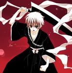  alexa_pasztor alternate_hair_color artist_name bleach brown_eyes cardcaptor_sakura clenched_hand collarbone cosplay japanese_clothes kurosaki_ichigo kurosaki_ichigo_(cosplay) li_xiaolang male_focus open_mouth red_background serious solo sword weapon white_hair zangetsu_(shikai) 