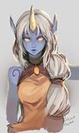  artist_name blue_skin dated horn jewelry league_of_legends long_hair looking_at_viewer necklace pointy_ears ponytail racoona sketch soraka tattoo upper_body very_long_hair white_hair yellow_eyes 