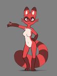  /fur/ 8chan anonymous_artist anthro breasts cheek_tuft chest_tuft consider_the_following eye_markings faith_(8chan) featureless_breasts featureless_crotch female fur huge_tail mammal markings nude purple_eyes raccoon red_fur simple_background smile solo tuft 