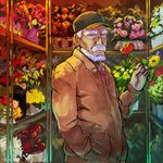  alice_to_zouroku baseball_cap beard bouquet brown_jacket colorful cowboy_shot eyebrows facial_hair flower flower_shop green_hat hand_in_pocket hat holding holding_flower jacket kashimura_zouroku looking_at_viewer male_focus mustache old_man red_flower red_rose rose shelf shop solo tofu_(pixiv10770344) white_hair 