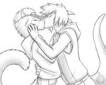  anthro blush canine duo eyes_closed hair kissing male male/male mammal monochrome nateday scalie standing 
