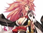  baiken big_hair breasts eyepatch goggles guilty_gear guilty_gear_xrd katana large_breasts long_hair looking_at_viewer parted_lips pink_hair red_eyes rope shiny shiny_skin simple_background solo sword takanashi-a weapon white_background 