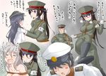  2boys 3girls admiral_(kantai_collection) akatsuki_(kantai_collection) between_breasts black_hair blush breasts commentary_request flat_cap food hair_between_eyes hat imperial_japanese_army jack_(slaintheva) kantai_collection long_hair long_sleeves looking_at_viewer medium_breasts military_police multiple_boys multiple_girls neckerchief open_mouth pola_(kantai_collection) school_uniform serafuku skirt smile strap_cleavage sushi translation_request 