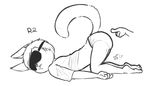  2017 alec8ter anthro ass_up black_and_white blindfold cassidy_(alec8ter) cat clothed clothing duo expression_meme feline inner_ear_fluff lying male mammal monochrome on_front pointing raised_tail signature simple_background sleeping sleeping_mask solo_focus white_background 