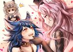  animal_ears berserker_(granblue_fantasy) black_gloves blonde_hair blue_hair blush catherine_(granblue_fantasy) commentary_request djeeta_(granblue_fantasy) erune eye_contact fenrir_(shingeki_no_bahamut) gameplay_mechanics gauntlets gloves granblue_fantasy hand_on_another's_chin hat heart heart-shaped_pupils highres licking_lips long_hair looking_at_another multiple_girls open_mouth pelt pink_hair red_eyes sharp_teeth sukemyon sweat symbol-shaped_pupils teeth tongue tongue_out very_long_hair wavy_hair yuri 