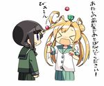  &gt;_&lt; abukuma_(kantai_collection) ball_toss black_hair blonde_hair bullying closed_eyes commentary double_bun hair_between_eyes hair_rings jitome kanikama kantai_collection kitakami_(kantai_collection) multiple_girls open_mouth playing_with_another's_hair profile school_uniform serafuku simple_background translated twintails wavy_mouth white_background 