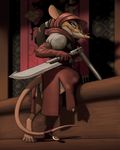  anthro armello blue_eyes brown_hair buckteeth butt clothed clothing dagger detailed_background female hair hood ipoke looking_at_viewer looking_back mammal melee_weapon ponytail rat rodent smile smirk solo teeth weapon zosha_(armello) 