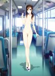  blue_eyes breasts brown_hair highres long_hair nipples nude original pubic_hair public public_nudity pussy small_breasts solo train_interior uncensored zenra zimu_jiang 