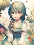  :d blue_eyes blue_hair blush bodice commentary dappled_sunlight happy heterochromia juliet_sleeves long_sleeves looking_at_viewer motsuba open_mouth petals puffy_sleeves red_eyes skirt smile solo sunlight tatara_kogasa touhou umbrella 