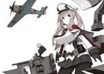  aircraft airplane bad_id bad_pawoo_id bangs black_gloves black_skirt blue_eyes breasts capelet closed_mouth gloves graf_zeppelin_(kantai_collection) grey_hair hair_between_eyes hat kantai_collection large_breasts long_hair long_sleeves looking_at_viewer mikoto_(oi_plus) military military_uniform military_vehicle pantyhose peaked_cap pleated_skirt rigging simple_background skirt smile solo twintails uniform white_background 