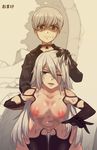  1boy 1girl against_glass areolae blue_eyes blush bottomless breasts collarbone hair_pull hand_on_another&#039;s_head indoors long_hair medium_breasts mole mole_under_mouth nier nier_automata nipples nite_(ku3456) one_eye_closed open_mouth parted_lips sweat teeth thighhighs torn_clothes translated white_hair yorha_no._2_type_b yorha_no._9_type_s 