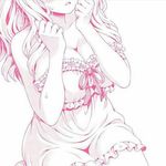  1_girl artist_request blush breast_press breasts dress large_breasts long_hair pajamas ribbon 