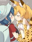 animal_ears backpack bag blush bow bowtie closed_eyes commentary elbow_gloves eromame gloves hat hat_feather kaban_(kemono_friends) kemono_friends multiple_girls noses_touching serval_(kemono_friends) serval_ears serval_print serval_tail smile tail yuri 
