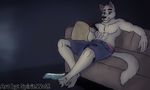  2017 anthro boxer_briefs briefs canine clothed clothing controller digital_media_(artwork) fur male mammal rainbow remote_control shorts smile sofa spirit.wolf._(artist) t.v tagme top_less topless underwear wolf zatch_(character) 
