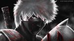  artist_name blood blurry covered_mouth depth_of_field face hatake_kakashi heterochromia highres male_focus mask mask_removed monochrome naruto naruto_(series) portrait red_eyes scar scar_across_eye solo spot_color su_jiayi sword watermark weapon 