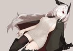  backless_dress backless_outfit bad_id bad_pawoo_id black_footwear black_legwear boots breasts dress dutch_angle grey_background grey_hair grey_sweater hair_over_one_eye halterneck headgear jacket_on_shoulders large_breasts long_hair looking_at_viewer meme_attire mikoto_(oi_plus) mismatched_legwear open_mouth original ponytail ribbed_sweater sideboob silver_hair simple_background smile solo sweater sweater_dress teeth thigh_boots thighhighs thighs turtleneck turtleneck_sweater very_long_hair virgin_killer_sweater 
