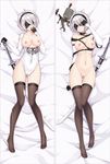  ass_visible_through_thighs bakugadou bangs bed_sheet black_hairband blindfold breasts brown_legwear cameltoe collarbone covered_eyes covered_navel dakimakura elbow_gloves facing_viewer full_body gloves groin hairband hand_to_own_mouth hand_up leotard lips lying medium_breasts mole mole_under_mouth multiple_views navel nier_(series) nier_automata nipples no_shoes nude on_back pussy short_hair silver_hair skindentation stomach sword thigh_gap thighhighs torn_clothes torn_gloves torn_legwear torn_leotard weapon yorha_no._2_type_b 