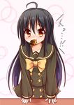  ahoge bassa black_hair bow bowtie collarbone commentary eating eyebrows_visible_through_hair food highres long_hair long_sleeves looking_at_viewer pouty_lips school_uniform shakugan_no_shana shana solo translation_request yellow_bow yellow_eyes yellow_neckwear 