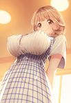  apron arms_behind_back breasts brown_eyes brown_hair covered_nipples eyebrows eyebrows_visible_through_hair from_below huge_breasts indoors koubeya_uniform looking_down nagareboshi narusawa_ryouka occultic;nine plaid plaid_apron smile solo underbust 