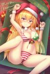  1girl american_flag_bikini armpits bikini blonde_hair blush box breasts cameltoe christmas cleavage cleft_of_venus clownpiece commentary_request fairy fairy_wings flag_print gift gift_box grin hat highres in_box in_container long_hair lying medium_breasts on_back open_box red_eyes santa_hat shiny_shinx smile solo swimsuit touhou twitter_username wings 