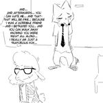  2017 anthro black_and_white canine caprine clothed clothing crying dawn_bellwether dialogue disney duo english_text eyewear female fox glasses male mammal monochrome necktie nick_wilde replytoanons sheep simple_background tears text white_background wool zootopia 