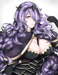  absurdres armor between_breasts black_armor breasts bursting_breasts camilla_(fire_emblem_if) capelet eyelashes fire_emblem fire_emblem_if hair_over_one_eye hand_to_head hand_up highres jackii large_breasts lips long_hair looking_at_viewer open_mouth parted_lips pink_lips purple_eyes purple_hair sidelocks solo tiara vambraces very_long_hair wavy_hair 