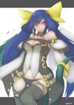  absurdres akahuzi bad_id bad_pixiv_id black_legwear black_panties blue_hair bow breasts cleavage commentary dizzy guilty_gear guilty_gear_x hair_bow highres large_breasts long_hair looking_at_viewer navel panties red_eyes solo tail tail_bow thighhighs twitter_username underwear yellow_bow 