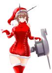  1girl absurdres alternate_costume breasts brown_hair commentary_request cowboy_shot eyebrows_visible_through_hair fur_trim gloves green_eyes hairband hat heart highres kantai_collection kiriki_haruomi large_breasts miniskirt mutsu_(kantai_collection) pullover radio_antenna red_gloves red_legwear santa_costume santa_hat short_hair skirt smile solo sweater turret turtleneck turtleneck_sweater white_background 