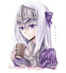  1girl blue_eyes breastplate cup eucliwood_hellscythe eyebrows_visible_through_hair fingerless_gloves gloves hair_between_eyes hair_ribbon headpiece highres holding holding_cup kore_wa_zombie_desu_ka? long_hair looking_down portrait purple_gloves purple_ribbon purple_shirt ribbon shirt silver_hair solo steam striped striped_gloves striped_shirt suprii 