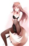  1girl animal_ears bare_shoulders blush breast_hold breasts brown_hair bunnysuit detached_collar fox_tail fudo_shin highres holo leotard long_hair medium_breasts pantyhose red_eyes sitting solo spice_and_wolf tail wolf_ears wrist_cuffs 