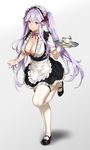  apron breasts cleavage demon_horns detached_collar frills full_body gradient gradient_background hair_ribbon highres holding holding_tray horns houtengeki lace lace-trimmed_skirt large_breasts leg_up long_hair maid maid_headdress mary_janes original pointy_ears purple_eyes purple_hair ribbon shoes sidelocks simple_background skirt smile solo standing standing_on_one_leg thighhighs tray twintails underbust very_long_hair waist_apron white_legwear wrist_cuffs 