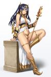  black_hair boots breasts c-string egyptian egyptian_clothes egyptian_mythology gold hair_tubes heterochromia highres horus_(houtengeki) houtengeki jewelry knee_up large_breasts leaning_on_object long_hair looking_at_viewer multicolored multicolored_eyes navel original partially_visible_vulva pedestal quad_tails red_eyes sidelocks simple_background sitting solo staff standing white_background yellow_eyes 