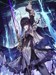  arm_up bangs cape capelet dress gothic lightning looking_at_viewer pale_skin purple_eyes purple_hair purple_legwear short_hair solo sword thighhighs vampire wanke weapon white_skin 