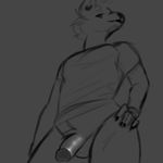  2017 anthro balls bottomless breasts canine clothed clothing digital_media_(artwork) fishboner_(artist) flaccid humanoid_penis looking_at_viewer male mammal penis shirt simple_background sketch skulcrumpa solo solo_focus standing 