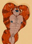  2017 abs balls biceps body_hair chest_hair feline frosted_flakes hand_behind_head male mammal muscular muscular_male nude pecs penis pose pubes ripped-saurian smile solo tiger tony_the_tiger 