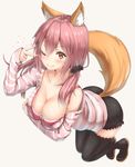  ;) animal_ears beige_background black_legwear blush boots breast_hold breasts brown_eyes cleavage fang fang_out fate/extra fate/extra_ccc fate_(series) fox_ears fox_tail full_body hair_between_eyes hair_ornament hair_scrunchie highres large_breasts leaning_forward long_hair looking_at_viewer low_twintails off_shoulder one_eye_closed pink_hair reinama scrunchie shorts simple_background sleeves_past_wrists smile solo tail tamamo_(fate)_(all) tamamo_no_mae_(fate) thigh_boots thighhighs twintails v 