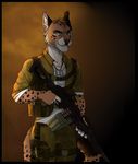  anthro army assault_rifle camo clothing darzycat dog_tags feline gosha gun lynx machine machine_gun male mammal military pkp_pecheneg ranged_weapon rifle russian weapon 