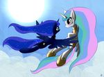 blue_eyes cutie_mark day equine flying friendship_is_magic hair hooves horn mammal multicolored_hair my_little_pony outside princess_celestia_(mlp) princess_luna_(mlp) queenbloodysky smile sun winged_unicorn wings 