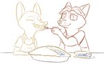  2017 anthro arctic_fox canine clothed clothing disney duo feeding female food fork fox gideon_grey male mammal open_mouth open_smile pie restricted_palette simple_background skye_(zootopia) smile tggeko white_background zootopia 