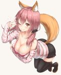  ;) animal_ears bad_id bad_twitter_id beige_background black_legwear blush boots breast_hold breasts brown_eyes cleavage fang fang_out fate/extra fate/extra_ccc fate_(series) fox_ears fox_tail full_body hair_between_eyes hair_ornament hair_scrunchie highres large_breasts leaning_forward looking_at_viewer low_twintails off_shoulder one_eye_closed pink_hair reinama scrunchie shorts simple_background sleeves_past_wrists smile solo tail tamamo_(fate)_(all) tamamo_no_mae_(fate) thigh_boots thighhighs twintails v 