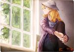  alternate_costume black_legwear blonde_hair casual chair dated day denim denim_skirt expressionless indoors kanrobi leg_hug long_hair looking_afar looking_out_window looking_to_the_side maribel_hearn shirt sitting skirt solo striped striped_shirt sunlight touhou tree yellow_eyes 